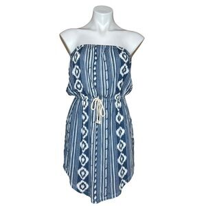 Lagaci Blue White Nautical Strapless Patterned Dress with Rope Tie